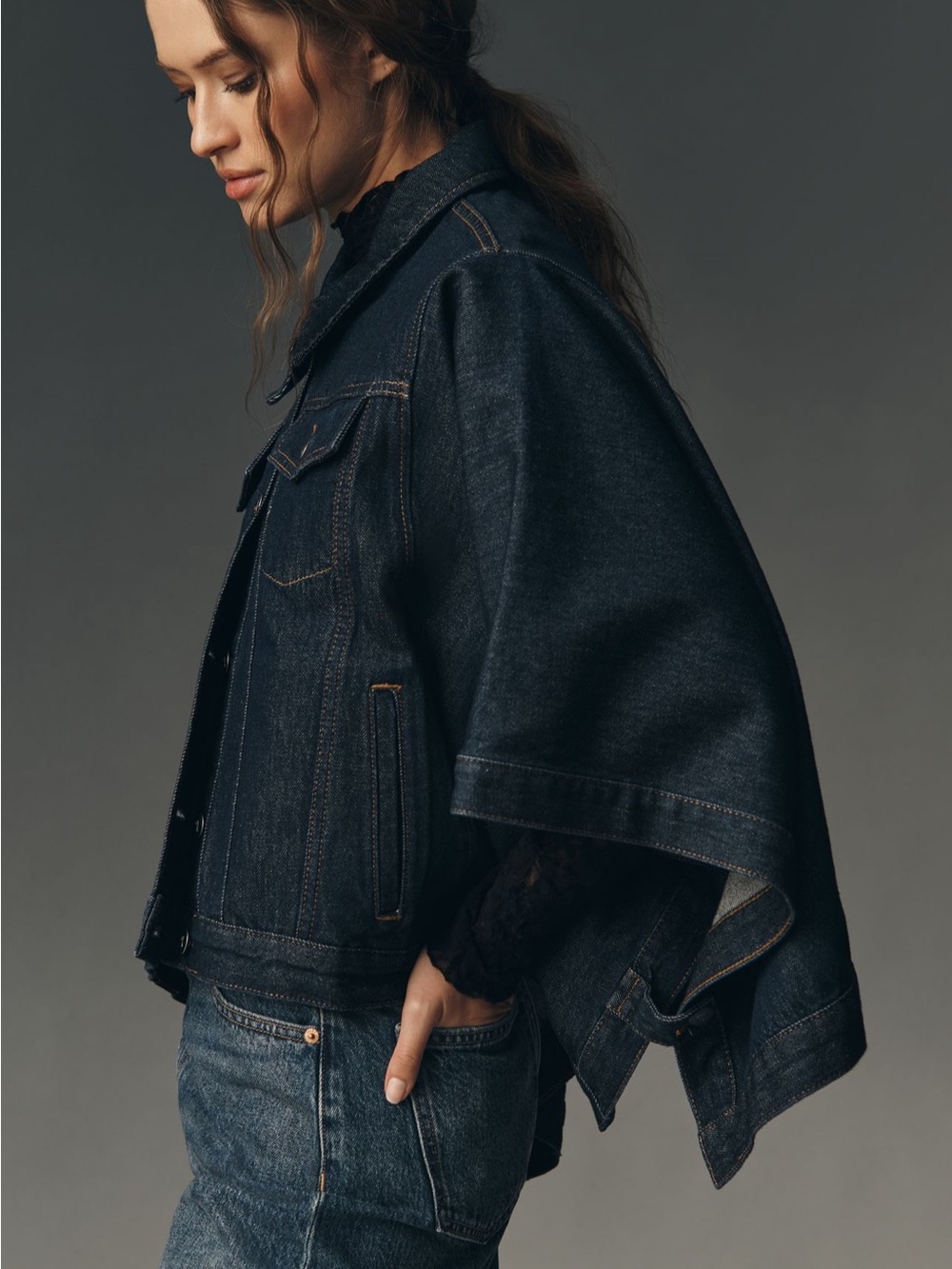 Pilcro Dark Indigo Denim Jacket - Women's Cape Style - Picture 4 of 9